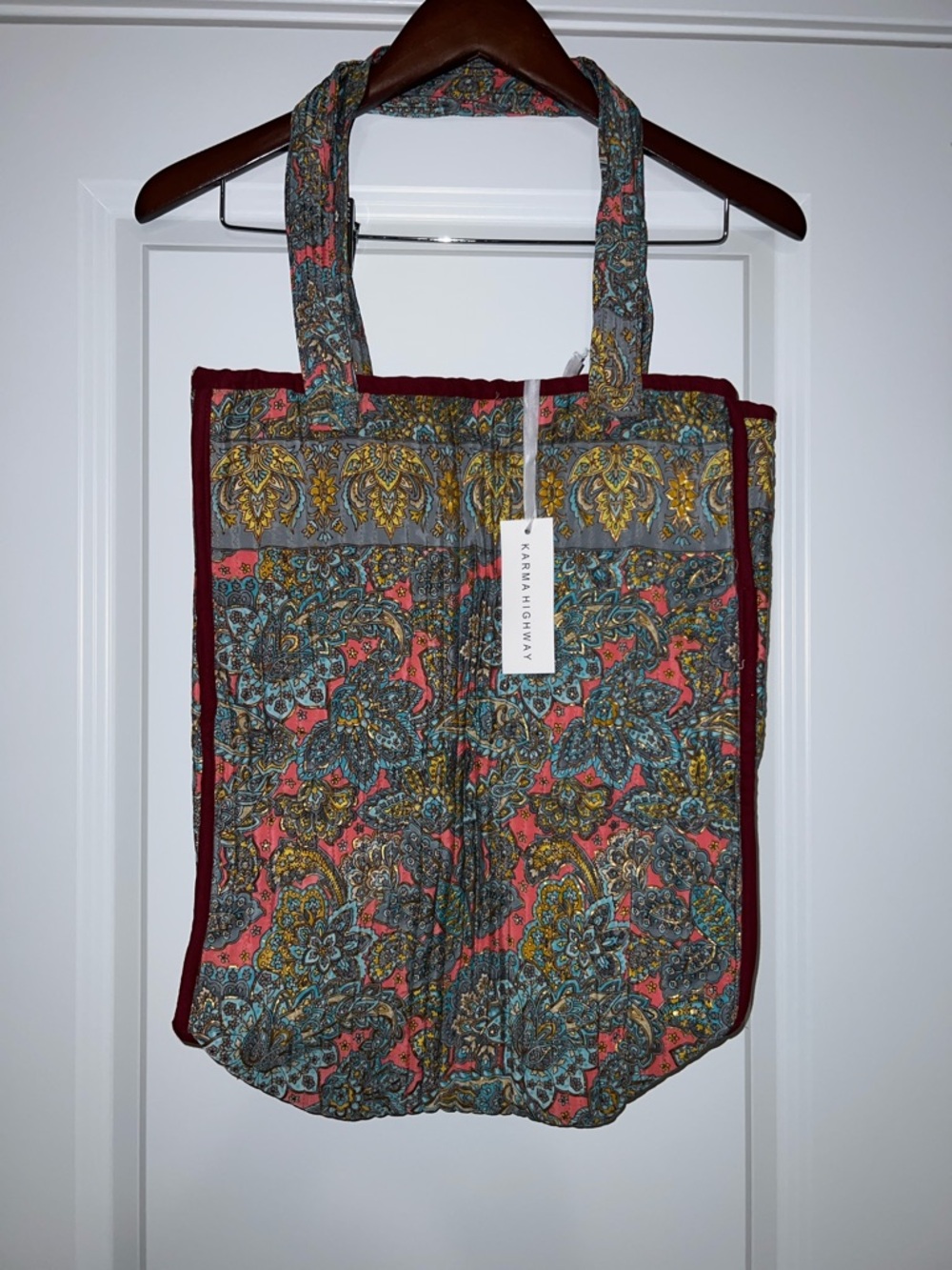 Karma Highway Floral Quilted Tote Bag - Coral, Teal & Gold